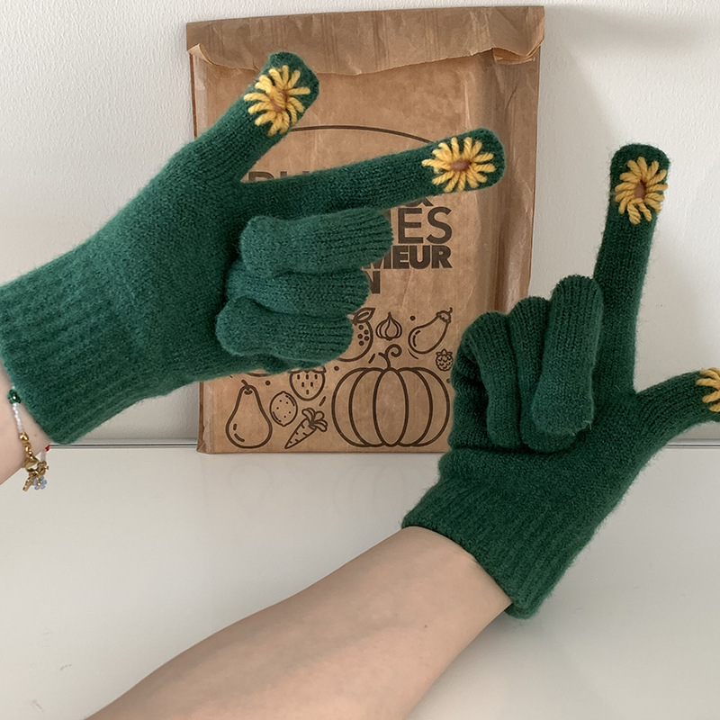 Title 6, Damen Chrysanthemen Strickhandschuhe aus Wolle,...