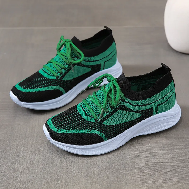 Women Sneakers Lace-up Mesh Green Black Sports Shoes - Green