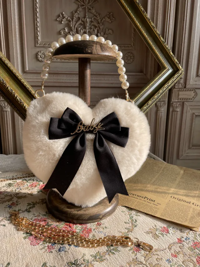 Lolita Heart Pearl Chain Plush Tote Black - Shop at LoveMi