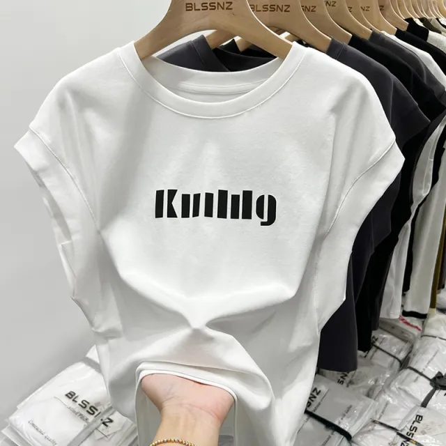 Short sleeved T shirt Women's Loose Cotton Sleeveless Top Letter White - Shop at LoveMi