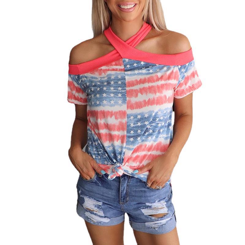 Printed Cross Halterneck Short-Sleeved Top