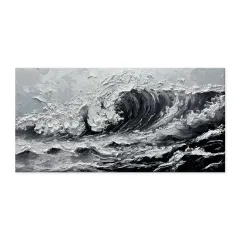 Large Grey And White Seawaves Seascape Oil Painting On Canvas Handmade Black Texture Knife Thick Wall Art For Living Room Decor Mural - Without Inn... - View 1