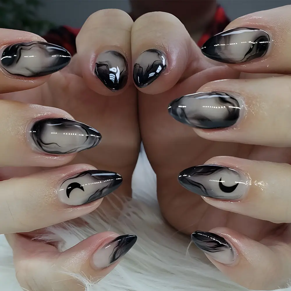 Of Short Almond-shaped Press-on Black Gradient Acrylic