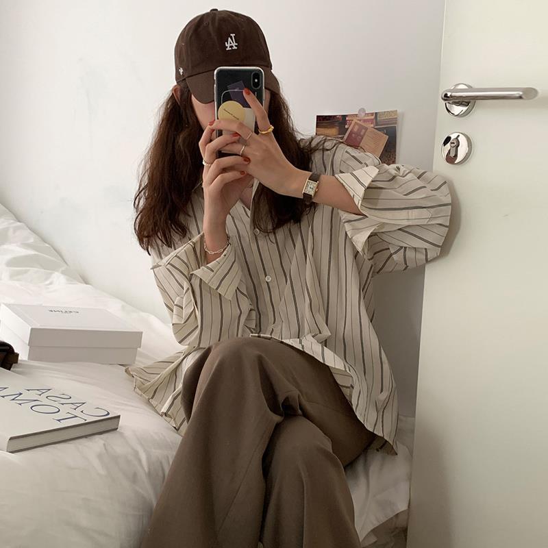 Temperament Loose Striped Shirt Mid-length Lapel Long-sleeved Cardigan Women