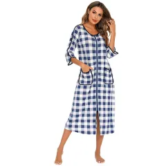 Women's Zipper Shirt Pajamas Home Service - Plaid Blue - View 1