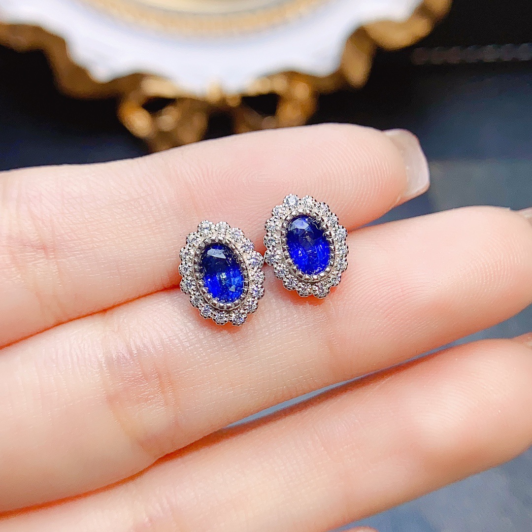 Title 4, Natural Sapphire Stud Earrings S925 Silver Inla...