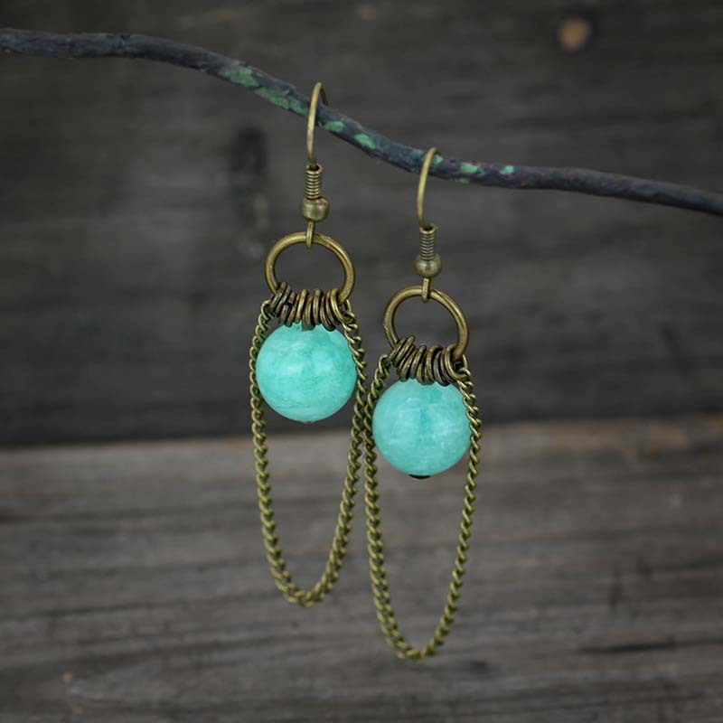Round Beaded Bronze Chain Earrings Boho