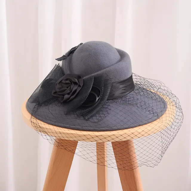 Large Eaves Wool Felt Wool Hat Autumn And Winter Banquet Ladies Warm Mesh Yarn Grey - Shop at LoveMi