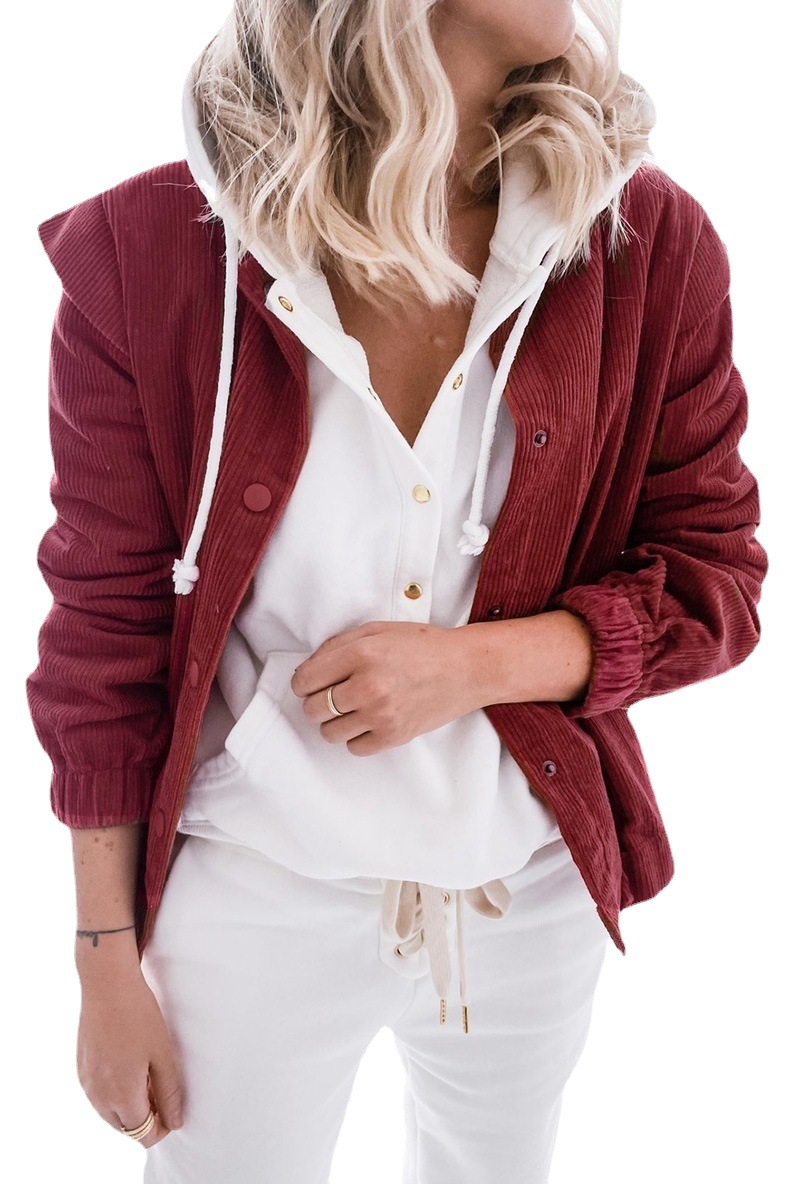 Simple Solid Color Corduroy Cardigan Casual Long Sleeve Jacket Wine - Shop at LoveMi