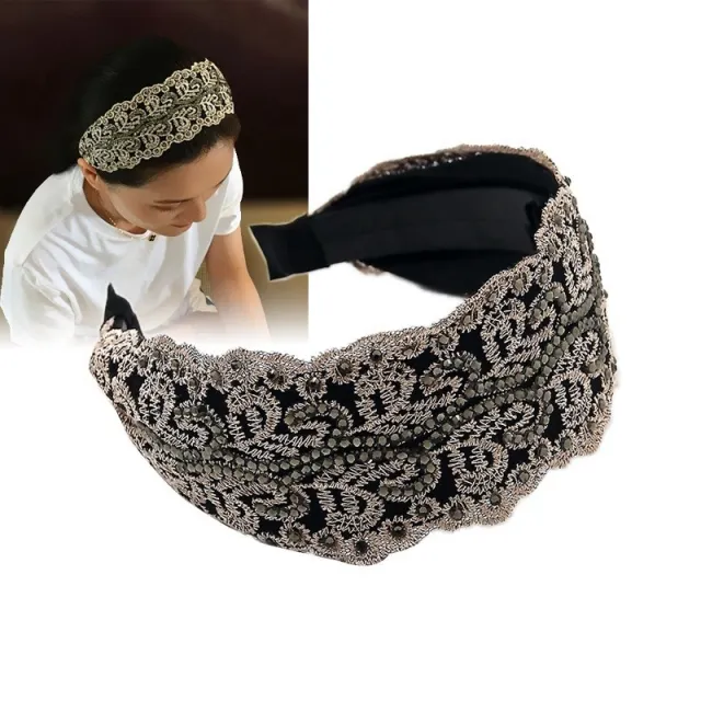 Women's Lace Wide Brim Rhinestone Hair Hoop Black Grey - Shop at LoveMi
