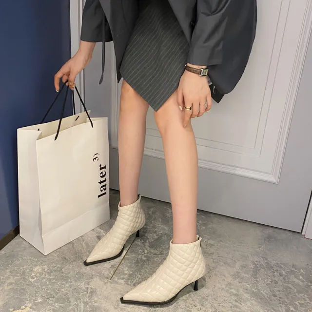 Plaid Stiletto Heel High Heeled Fashion Ankle Boots With Pointed Back Zipper Apricot - Shop at LoveMi