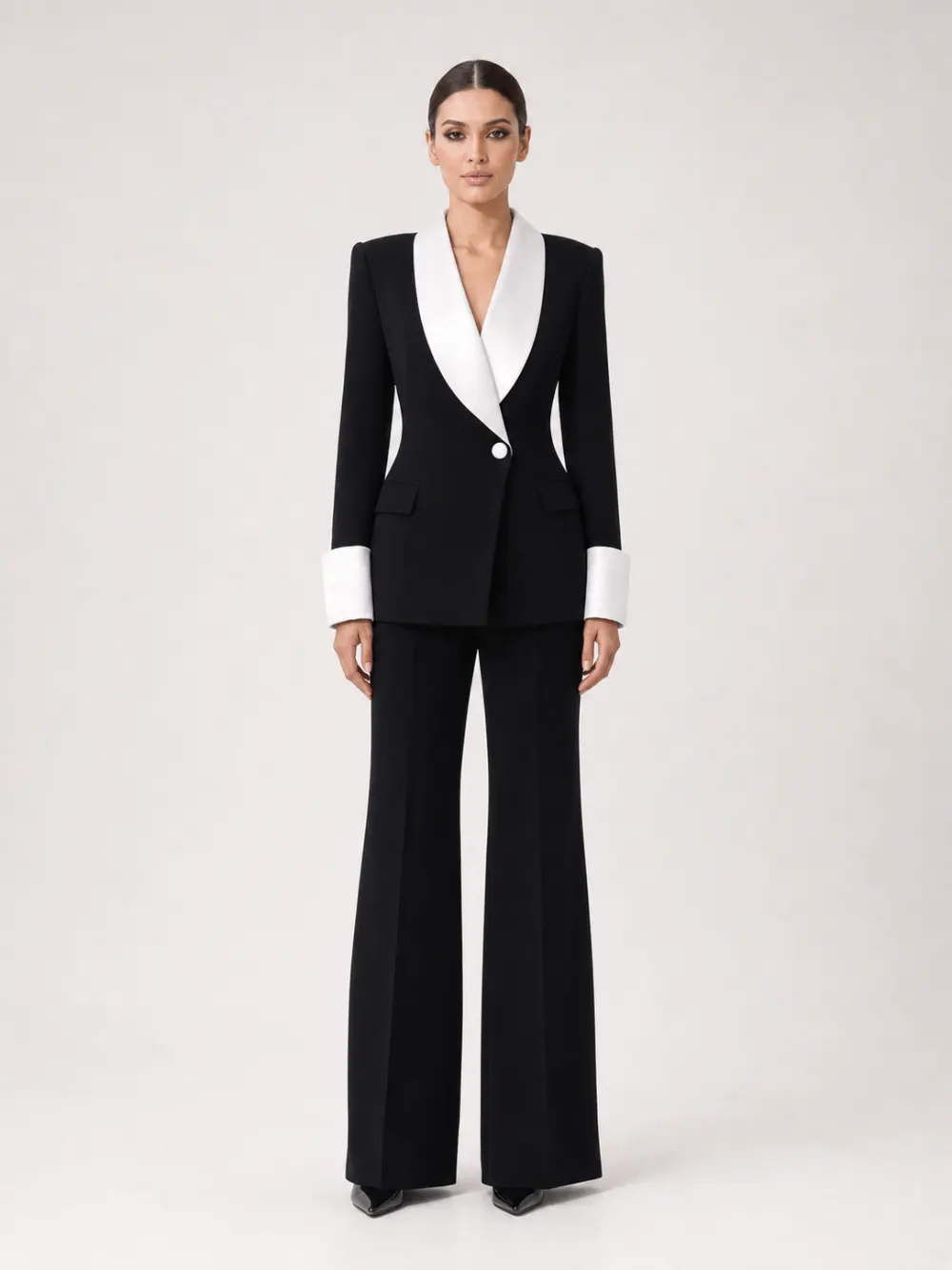 Black Contrast Satin Lapel Suit Two-Piece Set