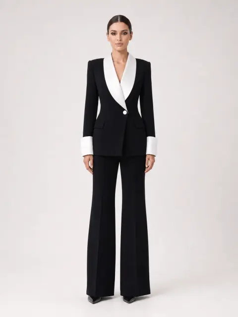 Black Contrast Satin Lapel Suit Two-Piece Set