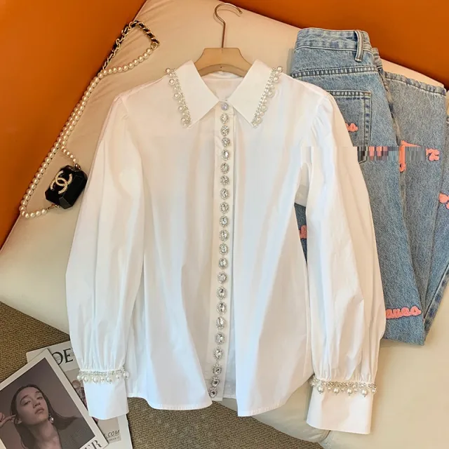 White Classic Style Heavy Industry Beads Long Sleeve Shirt For Women White - Shop at LoveMi