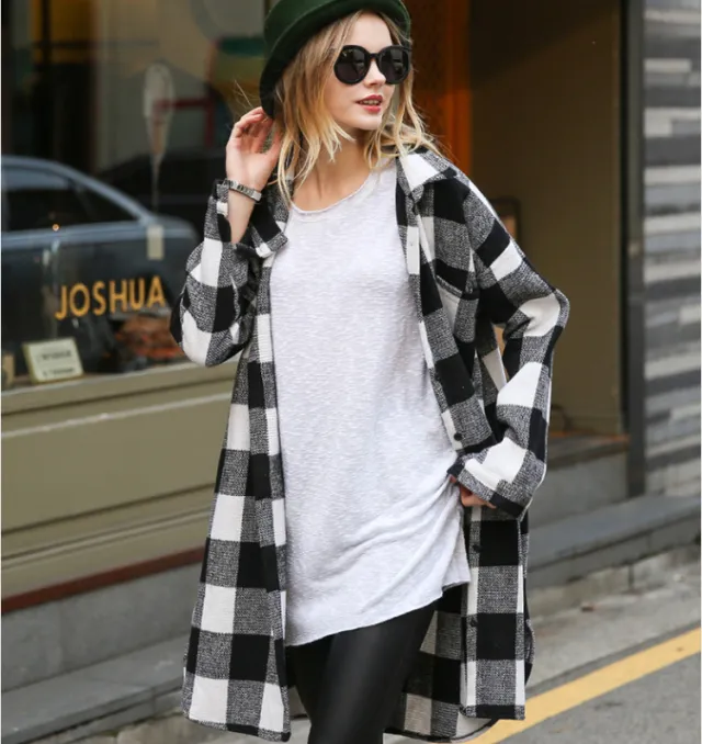 European And American Casual Loose Cotton Checkered Long Shirt Black - Shop at LoveMi