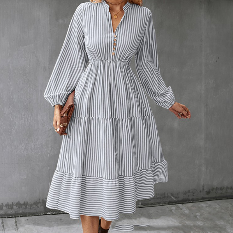 European And American Autumn New Striped Long Sleeve Elastic Waist Dress