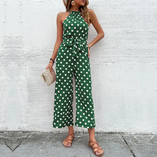 Loose Wide leg Fashion Polka dot Jumpsuit Green - Shop at LoveMi