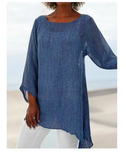 Women's Solid Color Versatile Casual Tops Irregular Long Sleeves Blue - Shop at LoveMi