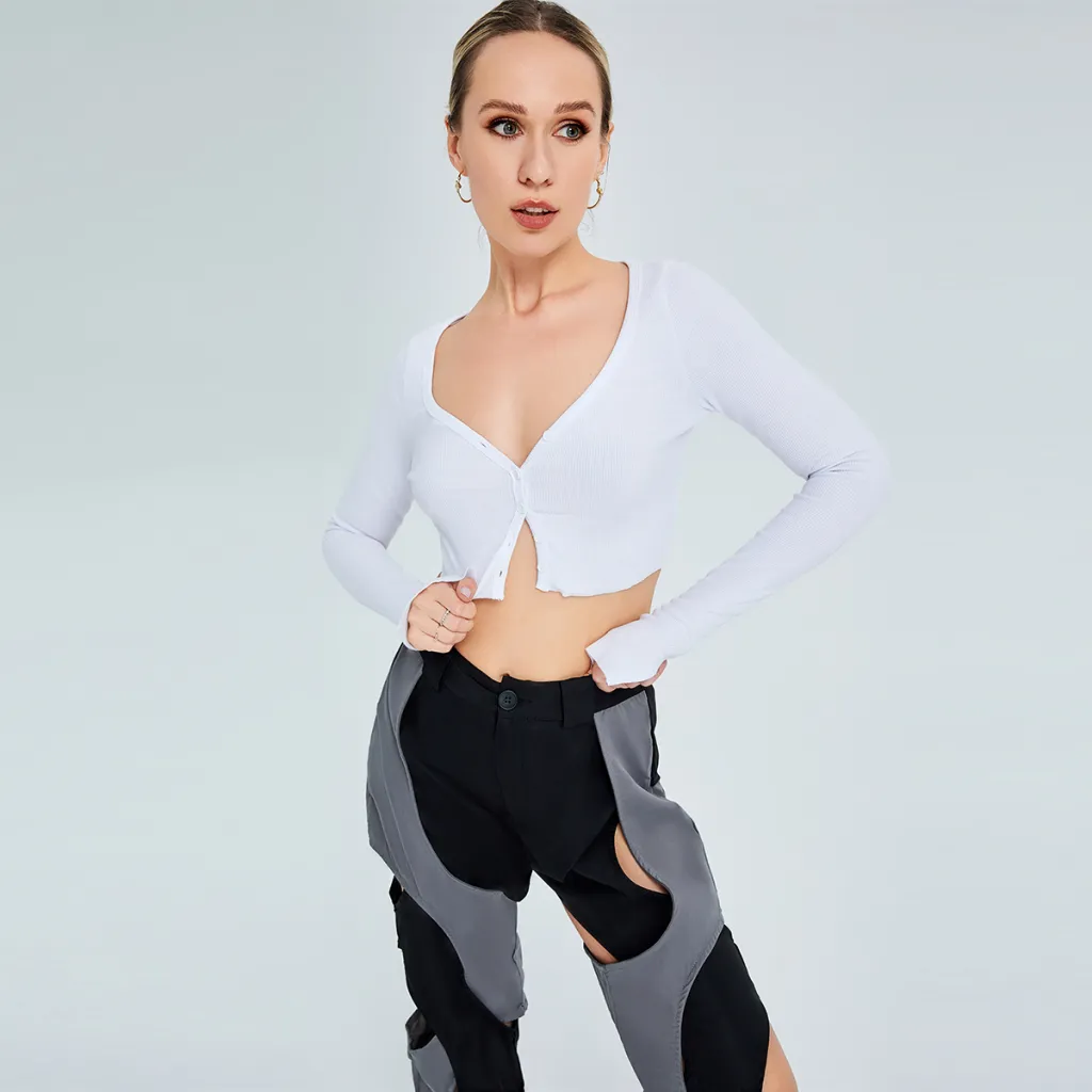 Solid Color V-neck Knitted Top T-shirt - White
