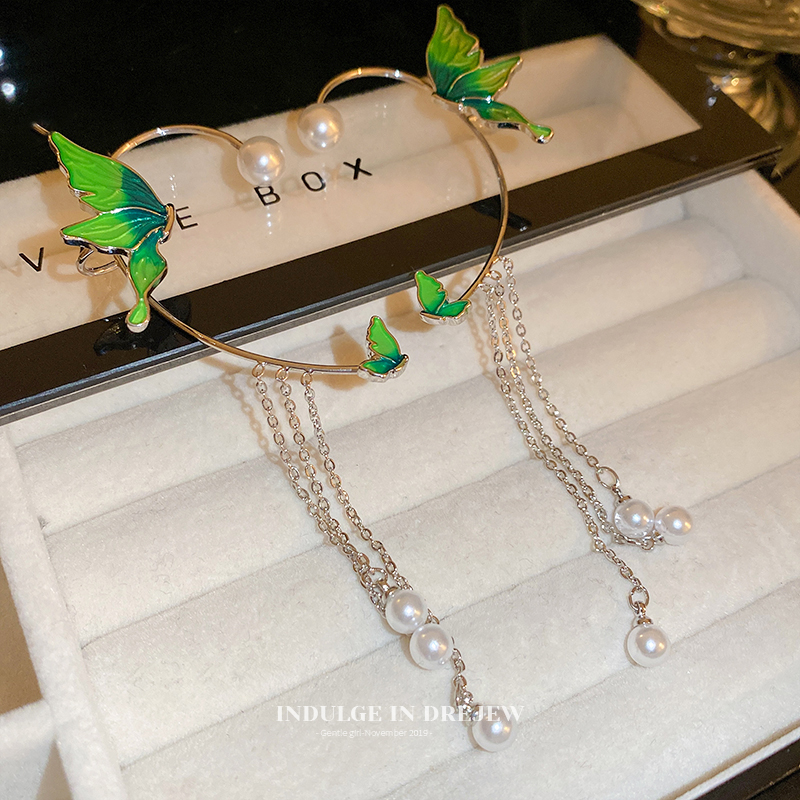 Green Pearl Butterfly Tassel Earrings Temperament