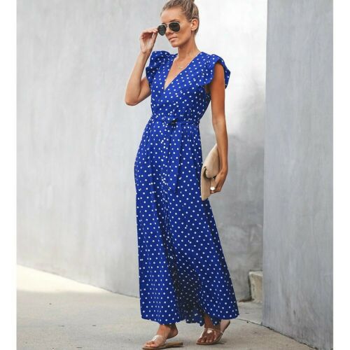 Women's Short Sleeve Tie Print Polka Dot Dress Blue - Shop at LoveMi