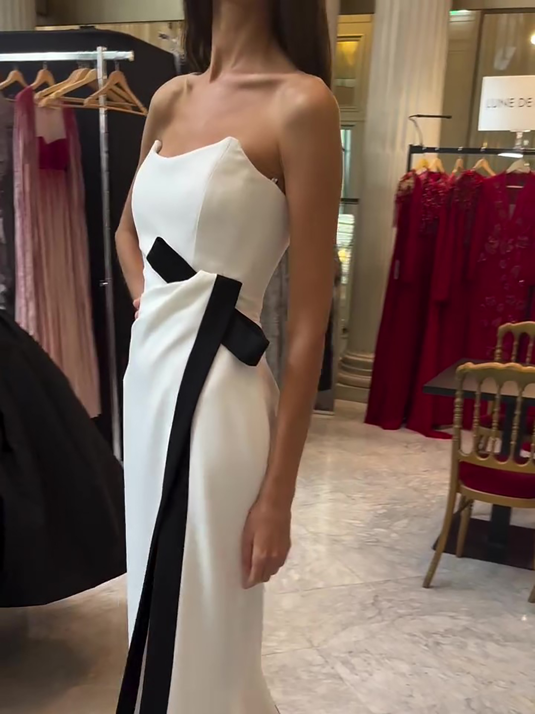 Strapless Black And White Contrasting Slit Dress - Image 1