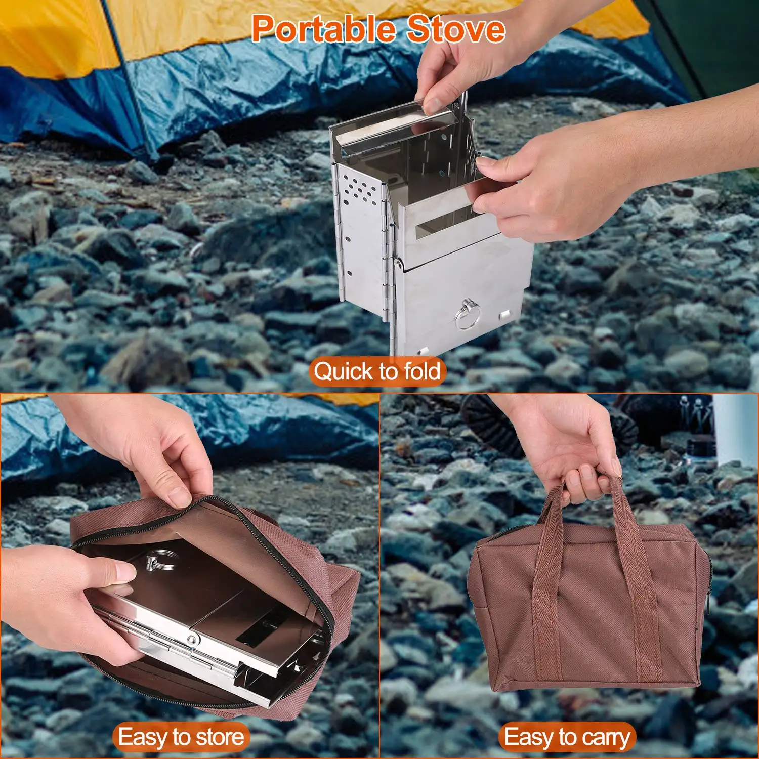 1Pc Portable Backpacking Stove For Camping Hiking Picnic BBQ Outdoor Cooker Folding Travel Charcoal Stove With Handle Carry Bag 2 Bolts