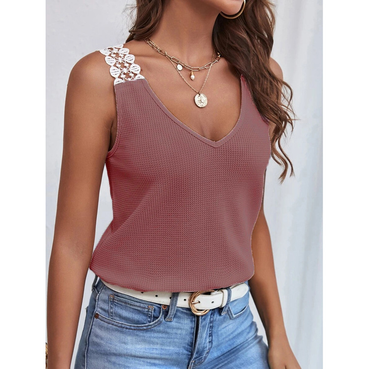 Waffle V Neck Vest Sleeveless Lace Tank Shirt Tops Summer Red - Shop at LoveMi