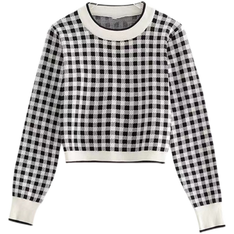 Black And White Plaid Sweater  Women Korean Style Loose