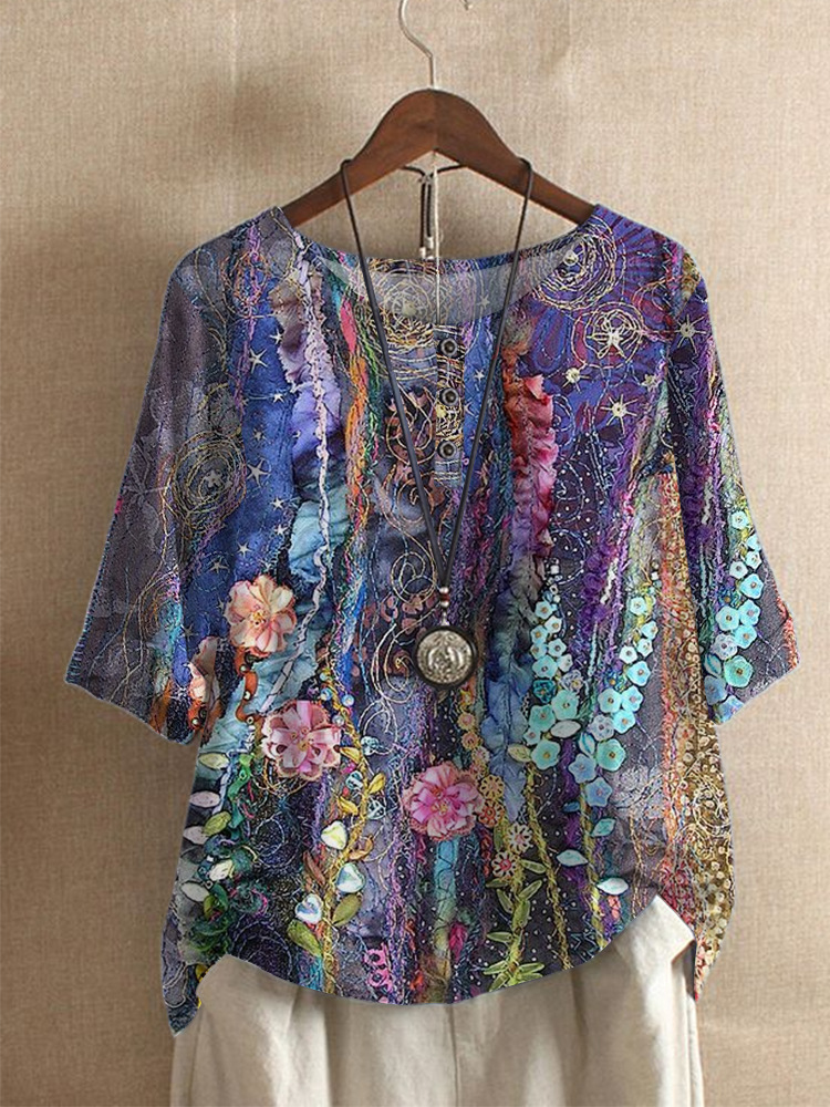 Fashion Loose Wisteria Print Casual Top