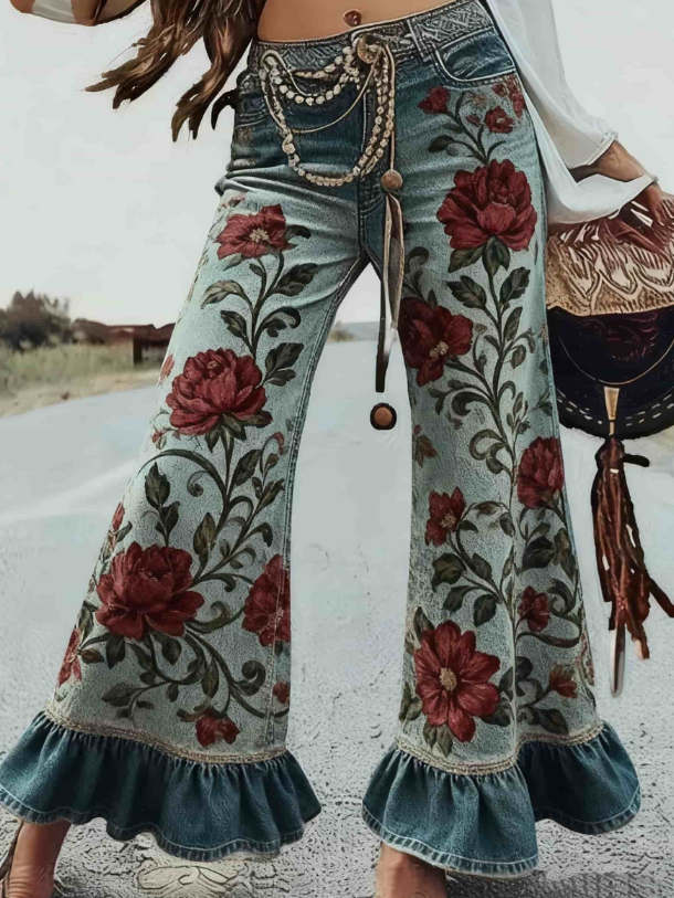 Ursime Boho Print Ruffle Hem Flare Pants