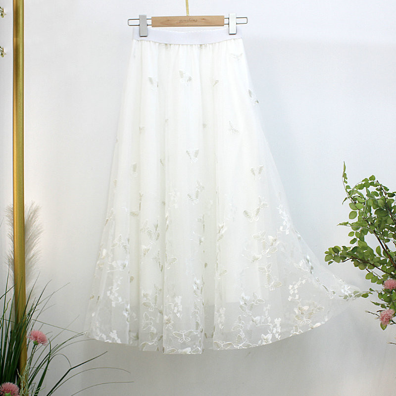 Drape Butterfly Embroidered Gauze Skirt