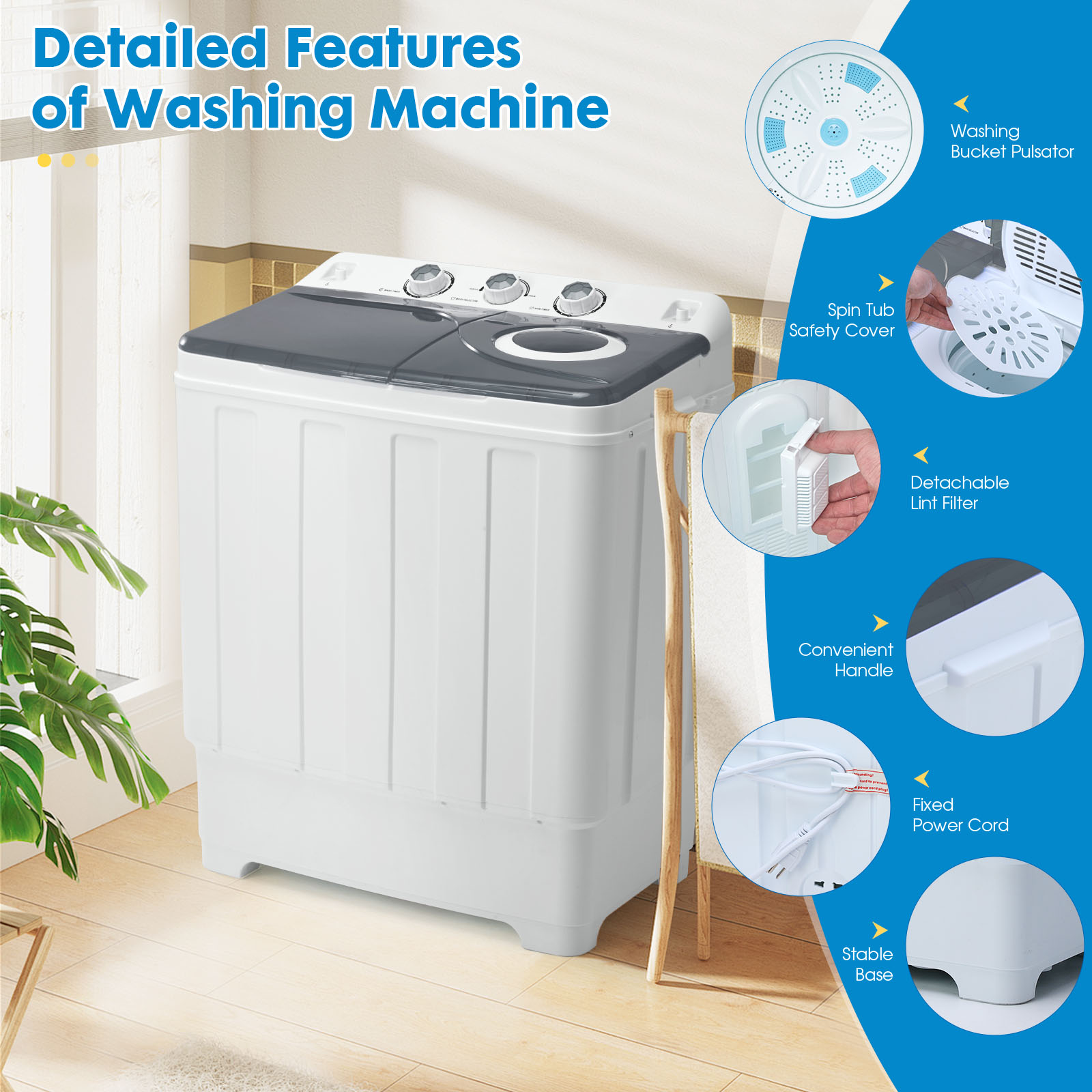 Grey28lbs Portable Washing Machine With 18lbs Wash And 10lbs Spin, Twin Tub Washer Compact Machine With Drain Pump, Mini Portable Washer For Home, Camping, RVs, And Small Spaces, Grey