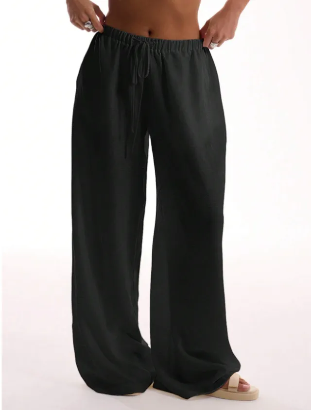 Holiday Textured Linen Feel Tie Waist Trouser Black - Shop at LoveMi