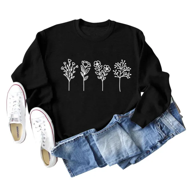 Four Flowers Printed Casual Long Sleeve Sweatshirt Black Jumper White Font - Shop at LoveMi