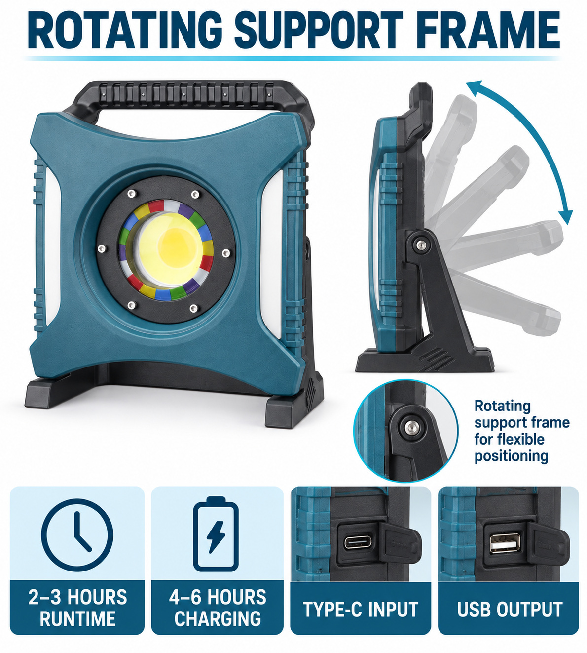Rechargeable Type C COB Batteryversion 18650 W8144 1 3 Hour Runtime LED Flood Light Adjustable