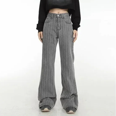High-waisted Striped Horn Horseshoe Jeans Women's Mopping Wide-leg Pants
