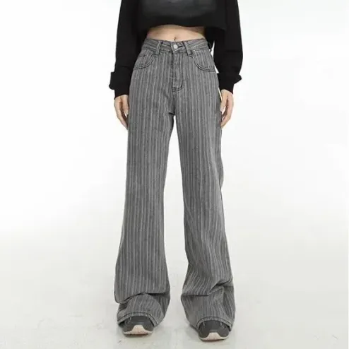 High-waisted Striped Horn Horseshoe Jeans Women's Mopping Wide-leg Pants - Grey