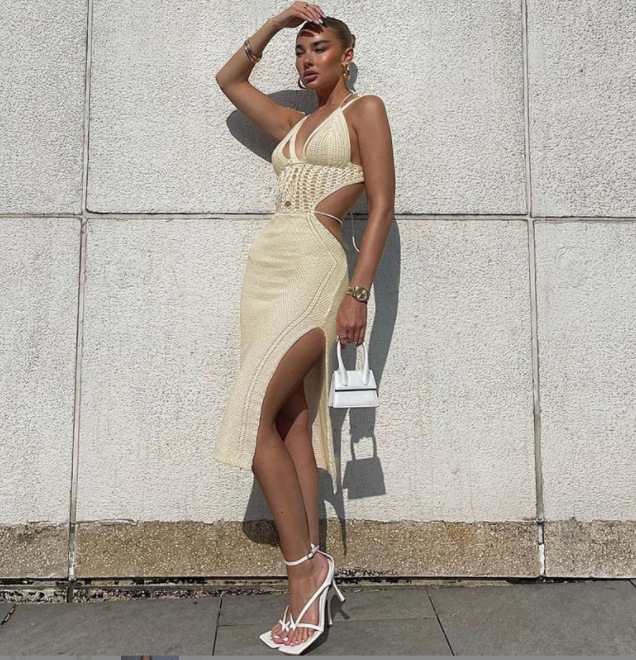 V Neck Back Lace Up Transparent Dress Beige - Shop at LoveMi