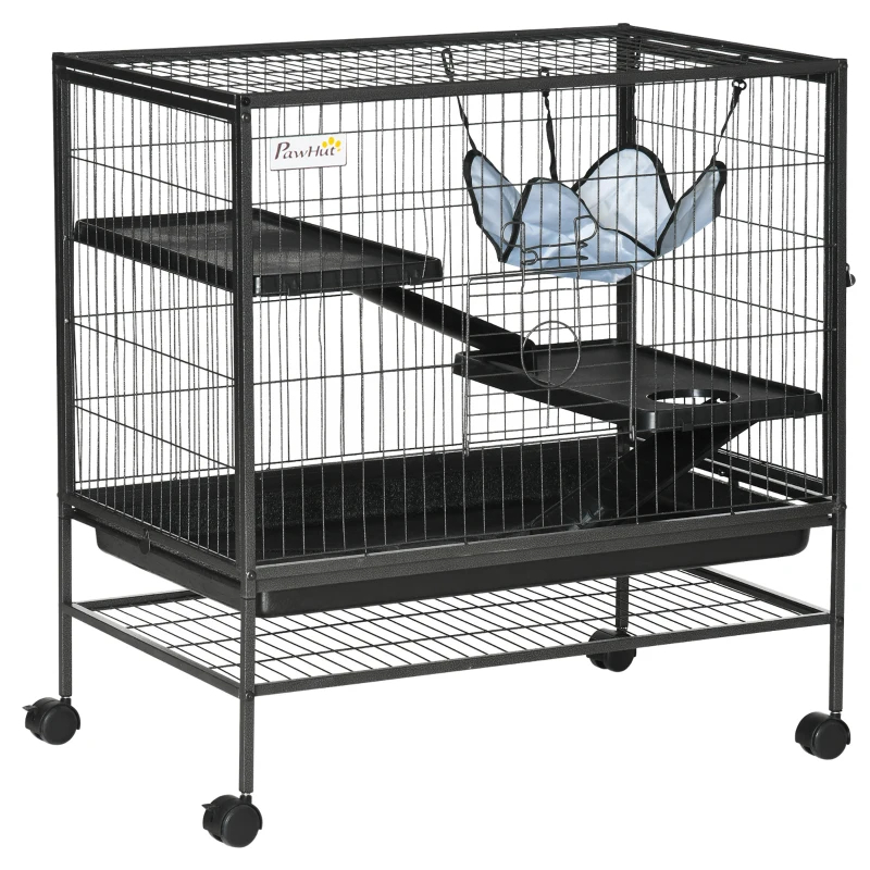 Small Animal Cage With Wheels, Pet Playpen For Rat, Syrian Hamster, Kitten, Ferrets, Chinchillas With Bottom Storage Shelf, Removable Tray, Ramp