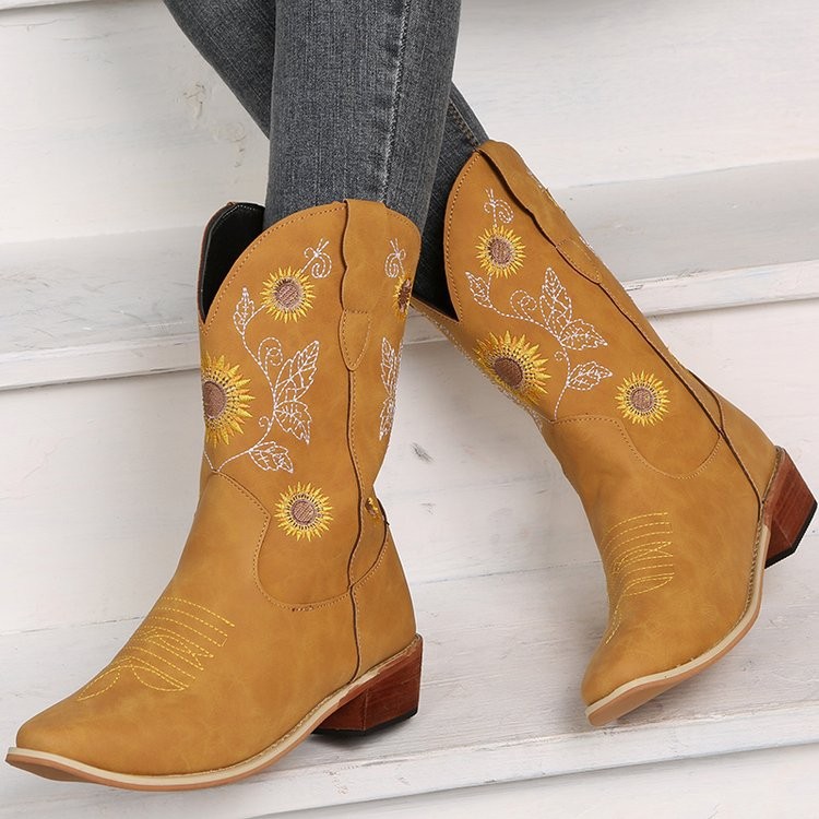 Embroidered sunflower figure fashion Martin boots Red - Shop at LoveMi