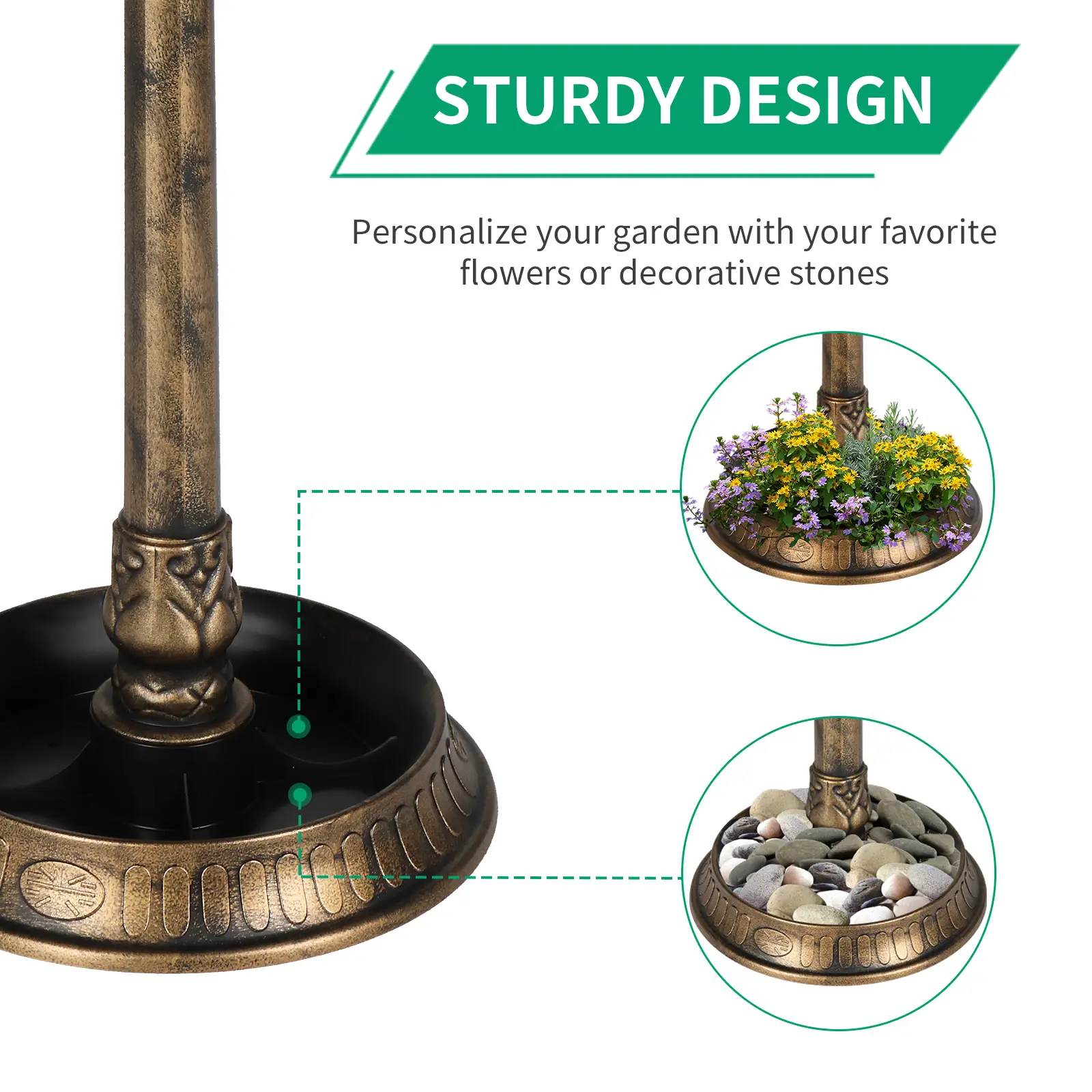 Bronze, With Solar Light, Bird Bath 51x51x106cm Plastic Round