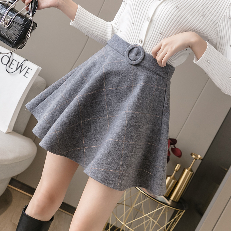 A-line Women's High-waist Woolen Plaid Skirt