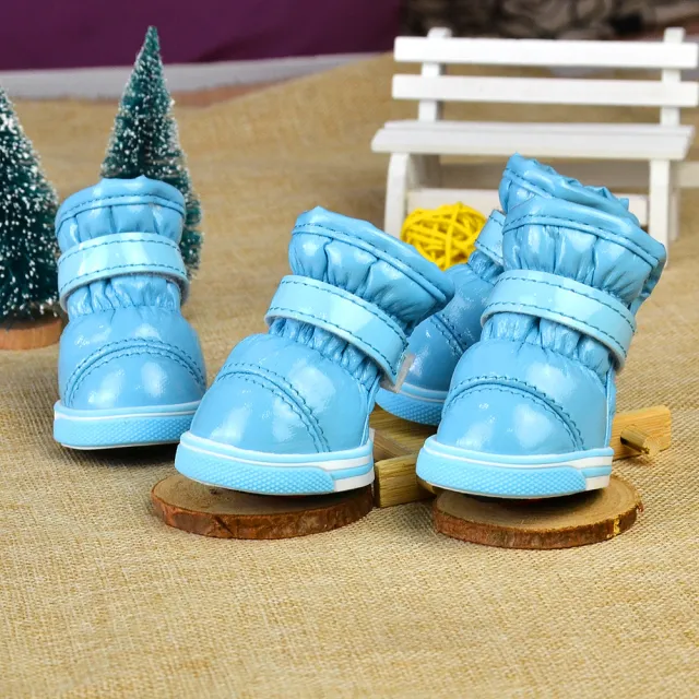 PU Mirror Leather Warm Pet Dog Shoes In Winter Light Blue - Shop at LoveMi