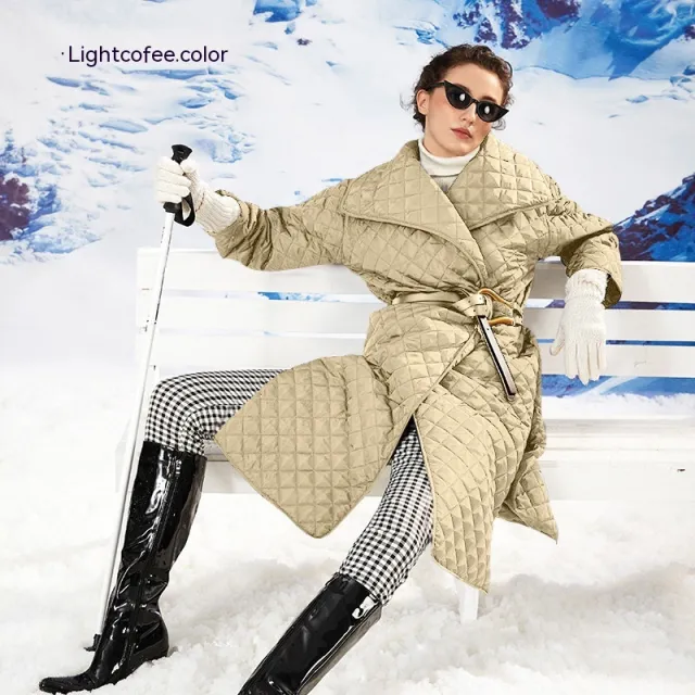 Cotton padded Jacket Female Rhombus Plaid Loose fitting Profile Coat Cotton padded Jacket Light Coffee - Shop at LoveMi