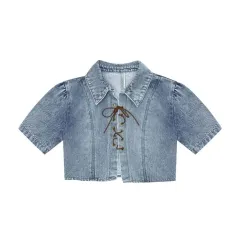 Denim Tie Up Shirt For Women With Loose Short Sleeves - Blue - View 1