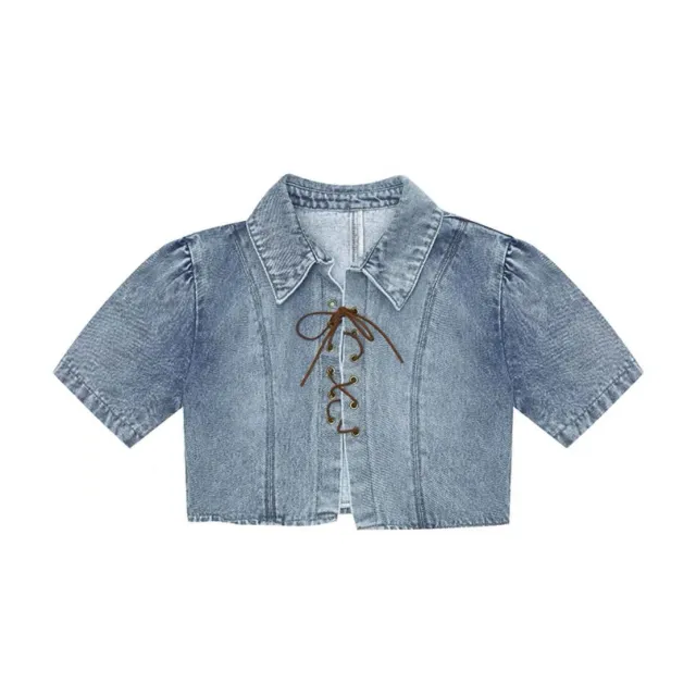 Denim Tie Up Shirt For Women With Loose Short Sleeves Blue - Shop at LoveMi