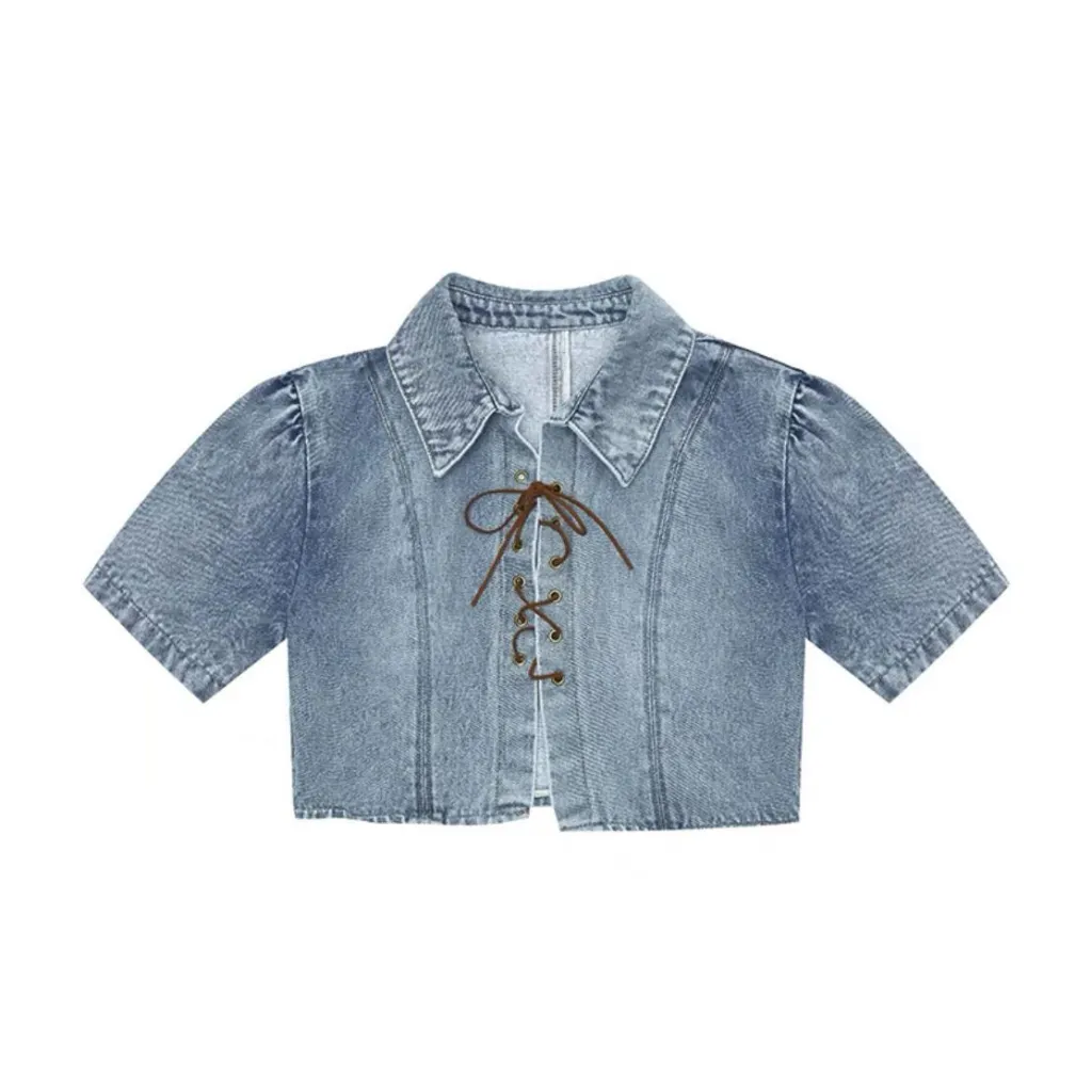 Denim Tie Up Shirt For Women With Loose Short Sleeves - Blue