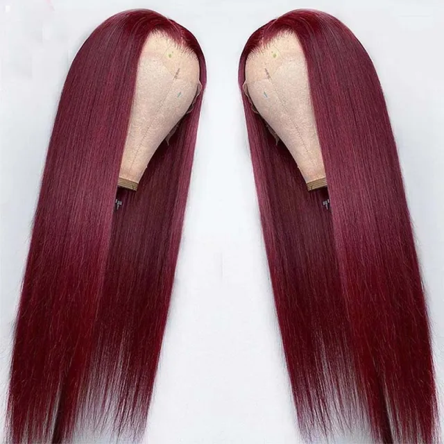 Full Headgear Long Straight Front Lace Wig Smooth Hair Wine Red - Shop at LoveMi