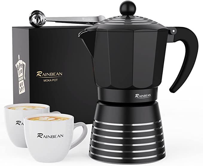 Stovetop Espresso Maker 6 Cup 300ml Aluminum Moka Pot Gift Set Italian Cuban Greca Coffee Easy To Use & Clean Set Including 2 Cups Spoon Black Perfect Gifts For Coffee Lovers